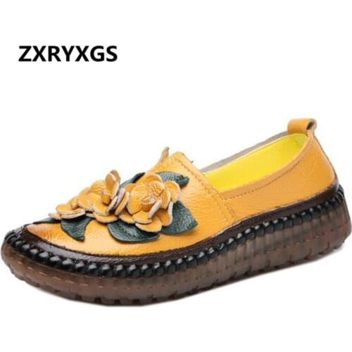Noble Elegant Handmade Flowers Genuine Leather Shoes Woman Soft Bottom Non-slip Flat Shoes 2019 New Spring Women Fashion Shoes