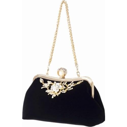 Female Velvet Diamond Pearl Purse Vintage Crystal Velvet Evening Bag Flower Wedding Party Bride Clutch Bag Velvet Purse Handbag