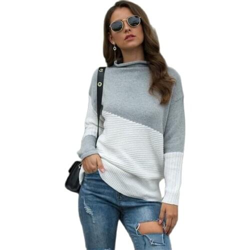 Sweater Women 2021 autumn and winter New irregular sleeves curled half high neck contrast color pullover sweater