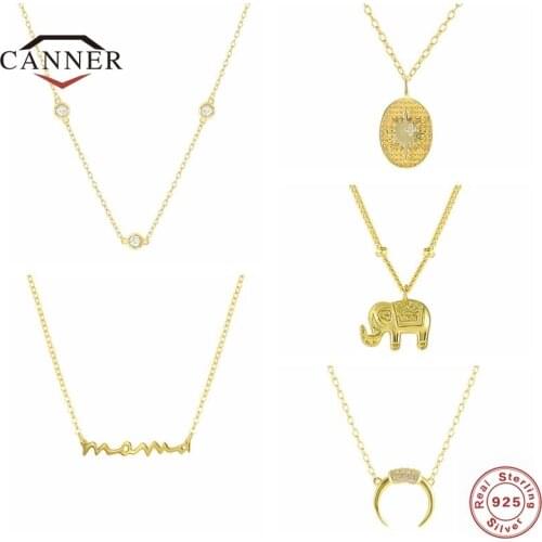 CANNER 925 Sterling Silver Fashion Mama Elephant Pendant Chain Necklace for Women Zircon Clavicle Choker Necklaces Fine Jewelry