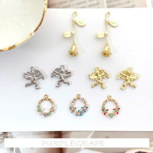6pcs Maintains Color Alloy Accessory Little Angel Flower Ring Rose Shape Pendant Homemade Earrings Necklace Pendant Material