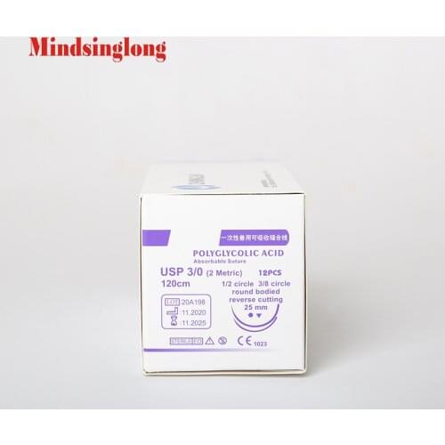 Absorbable Veterinary Suture PGA 3/0 Polyglycolic Acid with Needles 1/2 circle 3/8 circle round bodied reverse cutting 25mm