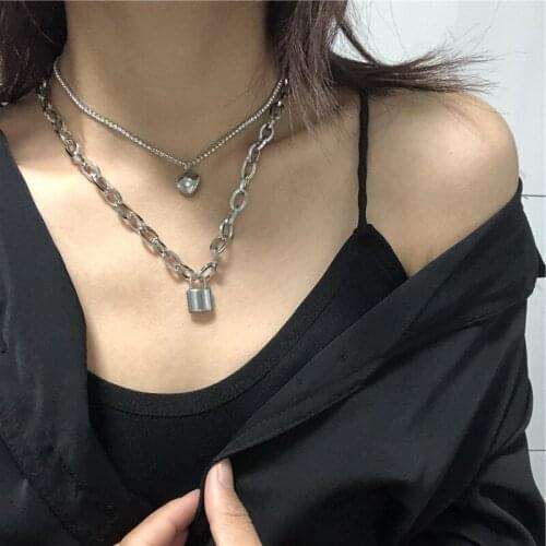 Korean Hip-hop Lock Heart Double-layer Pendant Necklace Clavicle Chain Sweater Neck Chains Jewlery for Women Collares