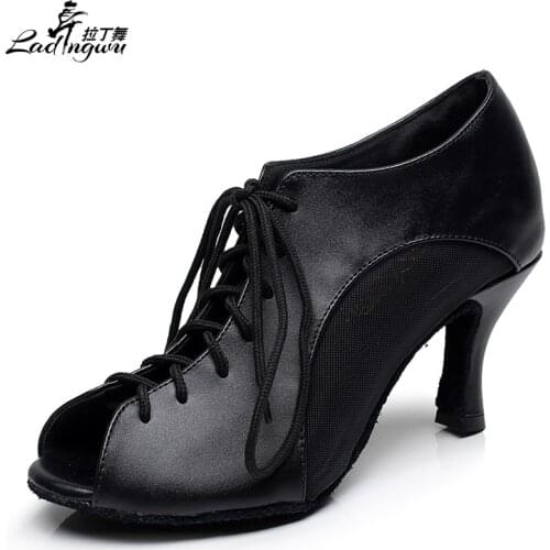 Black Shoes For Women Latin Tango Dance Shoes Microfiber Synthetic Leather Collocation Mesh Soft bottom Teachers Dance Shoes