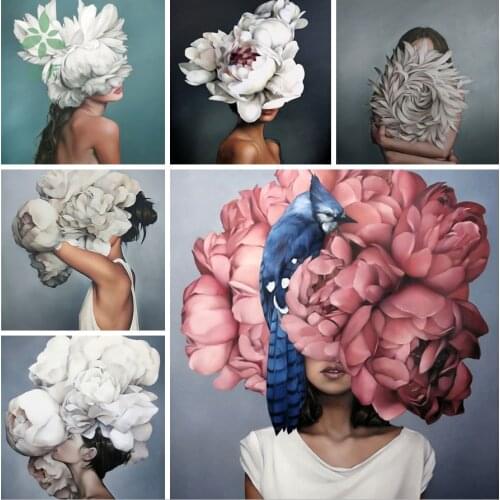 Canvas Oil Painting Flower Feather Woman Abstract Art Poster Household Wall Decoration