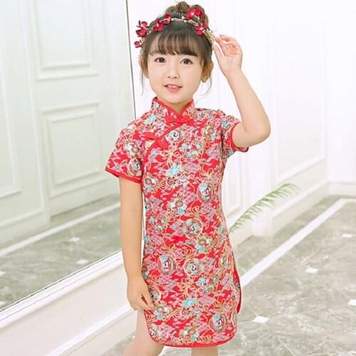Girls chinese Red traditional butterfly dress happy event qipao cheongsam Summer Baby Cotton Dresses New Year Party