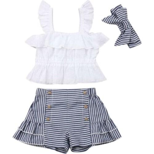 Newborn Toddler Baby Girl Clothes Set Summer Ruffle Strap Top+Stripe Shorts+Headband Sleeveless Button Sunsuit 3PCS Outfits Set