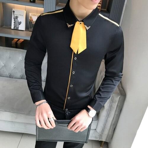 Fashion Tie Shirt Men Long Sleeve Slim Fit Streetwear Social Dress Shirts Solid Color Casual Night Club Party Tuxedo Men Clothes