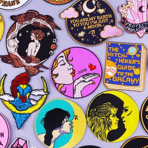 Cartoon Girl Moon Patches For Clothing Stickers Planet Book Badges DIY Stripe Iron On Patches On Clothes Letter Embroidery Patch
