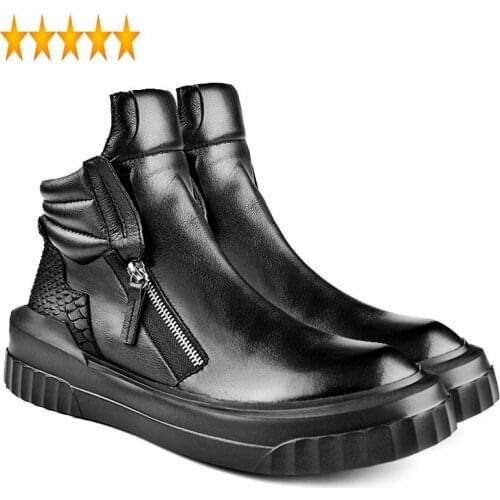 Military High Top Genuine Leather Motorcycle Ankle Boots Black Winter Plush Warm Cotton Shoes Men Big Size 44