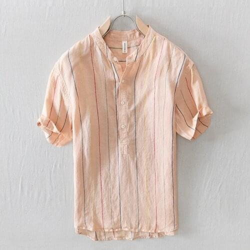 2021 Summer New Mens Pure Linen Casual Striped Short-Sleeved Shirt Youth Pullover Breathable Shirt