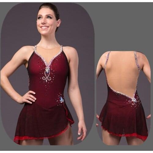 Figure Skating Dress Womens Girls' Ice Skating Competition Dress sleeveless Shoulder strap design Cheerleading Red wine