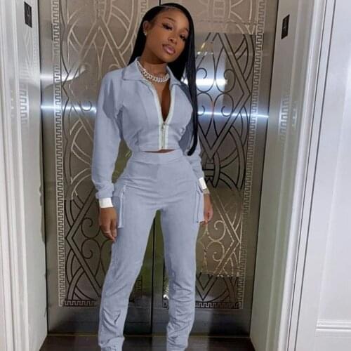 Casual Two Piece Outfits for Women Fall Clothes Sportwear Color Patchwork Skinny Matching Sets Crop Top and Pants Set Pockets