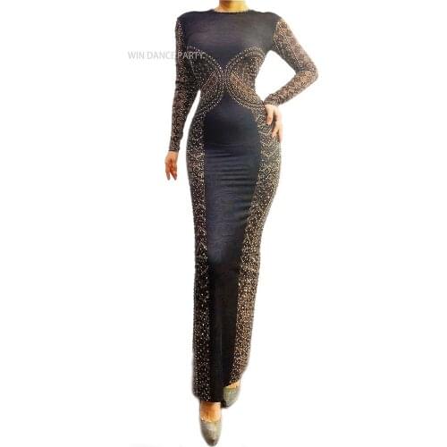 Anniversary Slim Fit Floral Gown ReceptionCompany annual Meeting Evening Dress Gold Sequined Crystal O-Neck Black Dinner