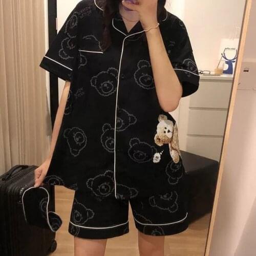 Qweek Womens Pajamas Two Piece Set Summer Homewear Nightwear Bear Print Lapel Pijamas Home Clothes Comfortable Korean Style