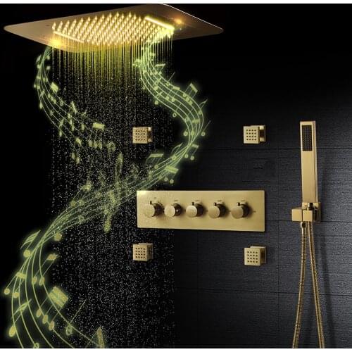 Luxurious Brushed Gold Thermostatic LED Shower System Bathroom Faucet Music Rain Shower Panel Higt Pressure Waterfall Showerhead