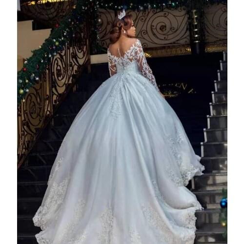 Shwaepepty Luxury Ball Gown Wedding Dresses With Full Sleeves Lace Applique Beads Illusion Scoop Neck Button Chapel Bridal Dress