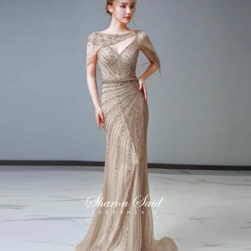 Luxury Champagne Gold African Prom Dresses 2021 Sexy Open Back Dubai Mermaid Evening Gowns Crystal Black Girls Graduation Dress