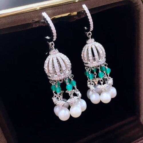 Natural fresh water pearl dangle earring 925 sterling silver with cubic zircon tassels rice shape fine women jewelry