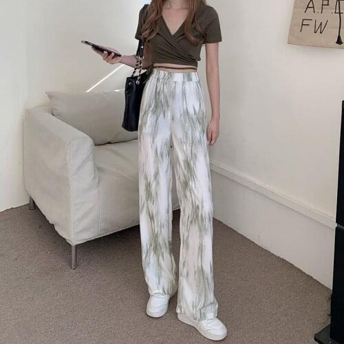 Slacks Womens Loose Summer Pants Ankle-Length Tie-dye Wide Leg Pants High Waisted Casual Trousers