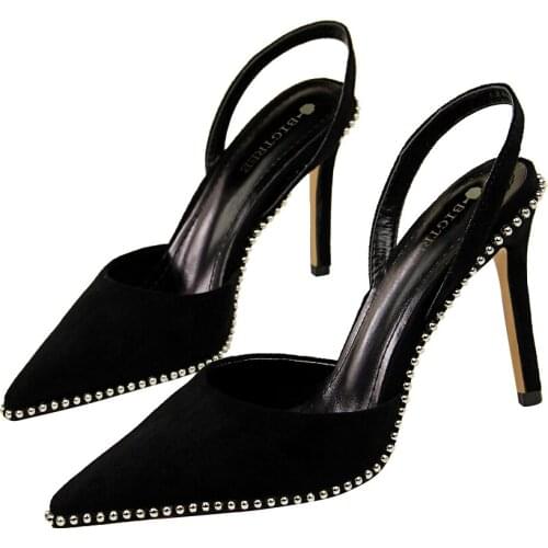 High heel, womens fashion, suede surface, summer style, shallow wound, rivet pointed toe sandals