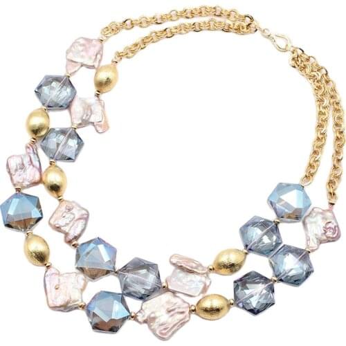 GuaiGuai Jewelry 2 Rows Natural Purple Lavender Keshi Pearl Faceted Blue Crystal Necklace Handmade For Women
