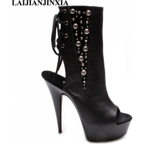 LAIJIANJINXIA Sexy Spring Peep Toe Women Night Club 15cm High Heel Platform Pole Dancing Shoes Rivet Ankle Boots Dance Shoes