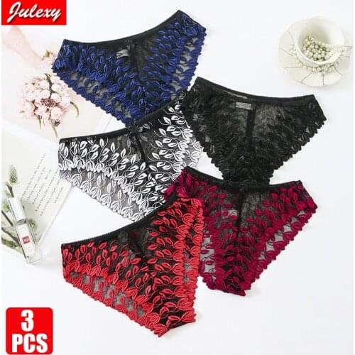 3pcs/Pack Julexy Women Sexy Lace Embroidery Hollow Out Mesh Transparent Bikini Briefs Mid Waist Panties