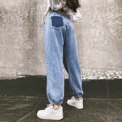 B-TOTO American Retro Washed Blue Lace-up Elastic Waist Corset Jeans Womens Trendy Ins 2021 New Fashion