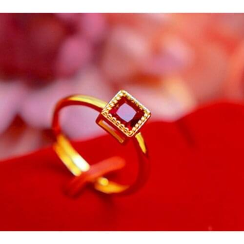 Square Cut Red Cubic Zircon Shiny Women Ring Yellow Gold Filled Wedding Party Femal Band Ring Gift