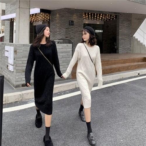 New 2021 Spring Women Dresses Knitted Korean Style Fashionable Oversize Warm Elegant Lady Midi Dress Everyday Casual Clothing