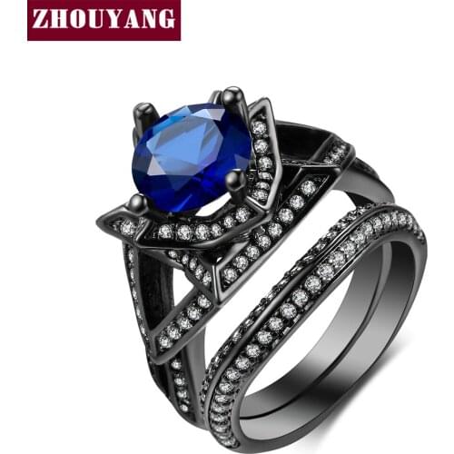 ZHOUYANG Recommended AAA+ Blue Zirconia Flower Shape BlackGold Cocktail Party Ring Set Fashion Jewelry ZYR703