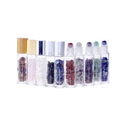 100pcs 10ml Natural Gemstone Roller Ball Bottle Filling Essential Oil Roll On Thick Glass Bottles With Crystal Chips