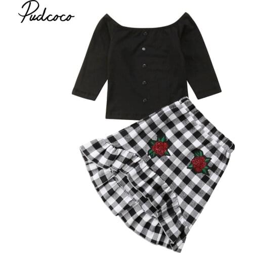 2018 Brand New Autumn Summer Toddler Baby Girls Clothes Sets 2PCS Off Shoulder Black T-Shirts Tops Floral Plaid Ruffles Skirts