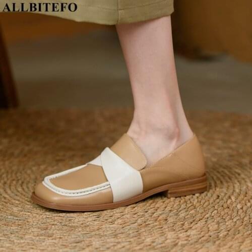 ALLBITEFO Fashion Casual Genuine Leather Low-Heeled Comfortable Office Ladies Shoes Square Toe Thick Heels Party Women Shoes
