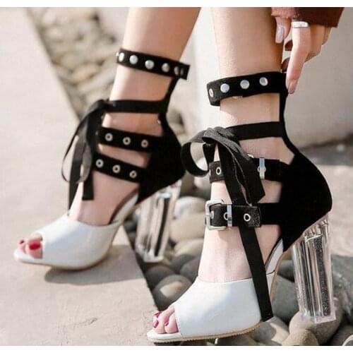 Linamong Girls Black White Patchwork Crystal Square Heels Cross Lace Up Sandals Rivets Buckle Peep Toe High Heel Sandals Shoes