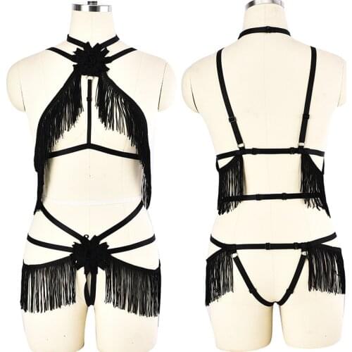 Fringed Bohemian style Black Pastel Goth Body Harness Set Festival Rave Bralette Harness Vintage Body Cage Bra Fetish Wear