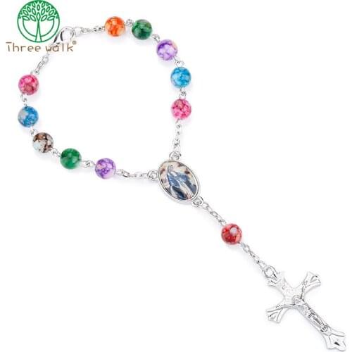CR98 10pcs Top Quality Acrylic Beads Catholic Rosary Bracelet Women Religious Jesus Crucifix Bracelet
