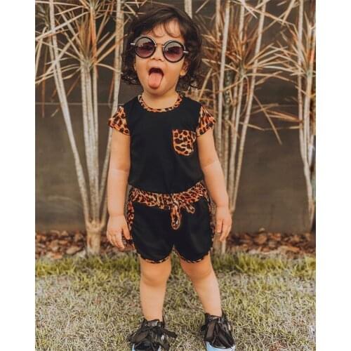 Children Sports 2PCS Toddler Kid Baby Girl Short Sleeve Patchwork Leopard Tops Shirt Patchwork Short Pants Outfit Clothes Set