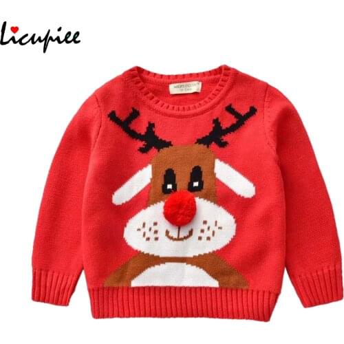 Toddler Christmas Sweater, Baby Cartoon Deer Long Sleeve Round Neck Knitted Pullover with Pompom 1-7 Years