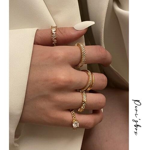 PerisBox 5 Designs Zircon Adjustable Rings Set Dainty Link Chain Double-Deck Pave Square CZ Open Finger Ring for Women