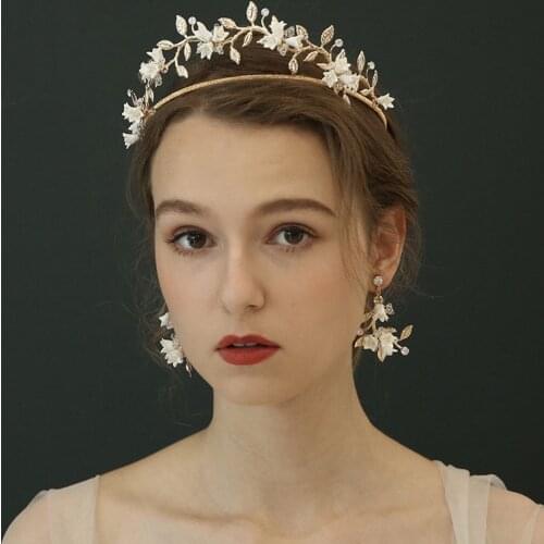 SLBRIDAL Golden Alloy Crystal Rhinestones Ceramic Flower Wedding Tiara Earring Set Bridal Princess Party Crown Women Jewelry