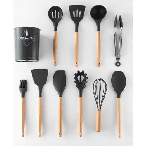 11 pieces Kitchen Utensil Set Silicone Cooking Tools Set Household Wooden Met Opbergdoos Turner Tang Spatel Turner