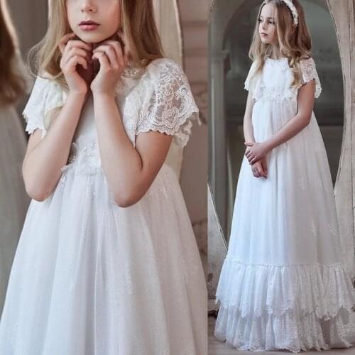 Customize Flower Girl Dresses For Wedding Lace Appliques A Line Kids Pageant Gowns Short Sleeves First Communion Kids Dress