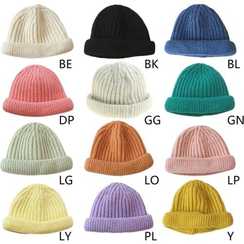 Toddler Kids Baby Winter Crochet Knit Beanie Hat Macaron Candy Color Windproof Cuffed Short Melon Skull Cap Ear Warmer