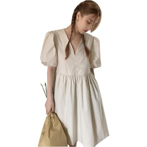 V-Neck Dress Female 2021 Summer New Womens Clothing Dress Korean Style Short Sleeve Apricot Elegant Hedging A-Line Dress Lady