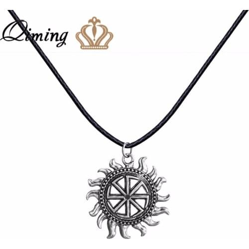 QIMING Kolovrat Slavic Amulet Pendant Necklace Chokers Pu Black Leather Chain Statement Necklace For Women Men Jewelry Bijoux