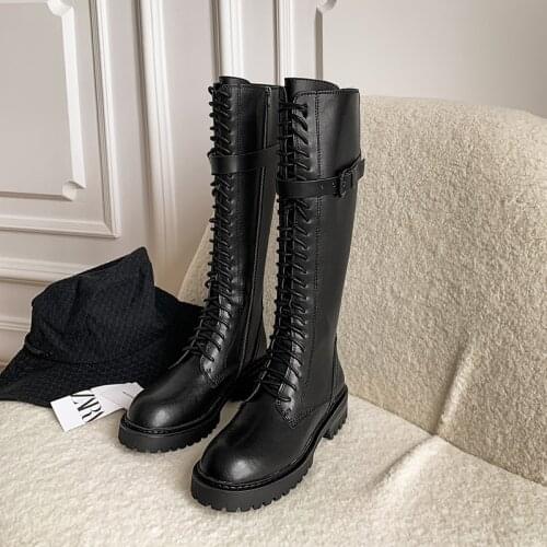 SKLFGXZY European Genuine Leather Women Boots Martin The Knee Boots Lace-up The Girls Womens Shoes