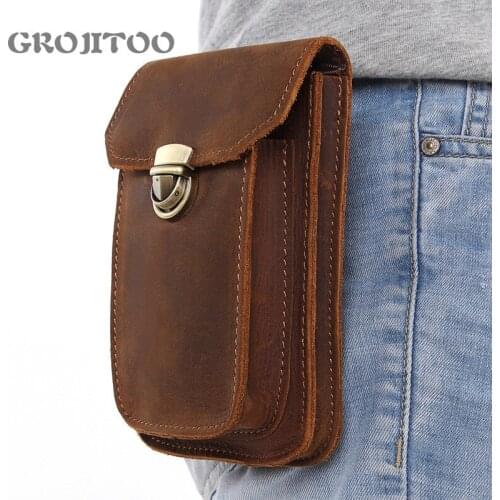 GROJITOO mens leather waist bag small hanging bag first layer cowhide wearable belt mobile phone bag storage bag