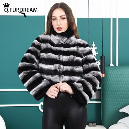 Q.FURDREAM 2020 Hot Sale Women Real Natural Rex Rabbit Fur Coat High Quality 100% Genuine Rex Rabbit Fur Chinchilla Color